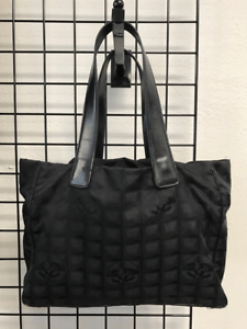 CC Purse Logo - CHANEL Large Travel Line MM Tote Nylon Leather Black Shoulder Bag