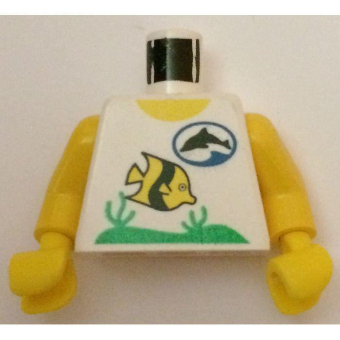 White with Blue Oval Logo - LEGO Town Torso with Black Dolphin in Blue Oval Logo and Yellow and ...
