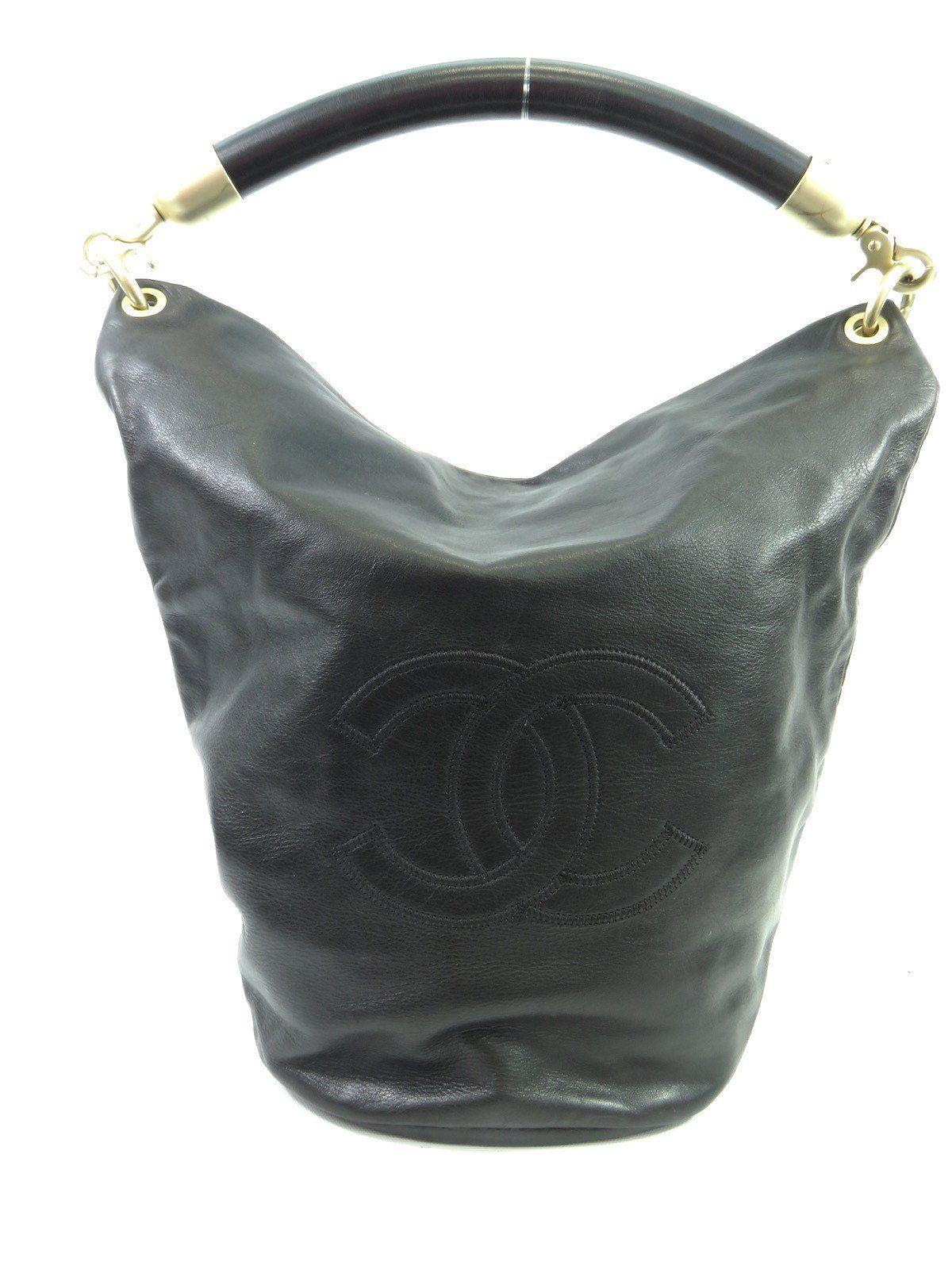 CC Purse Logo - CHANEL Women Black Leather CC Logo Gold Accent Bucket Hobo Bag Purse T