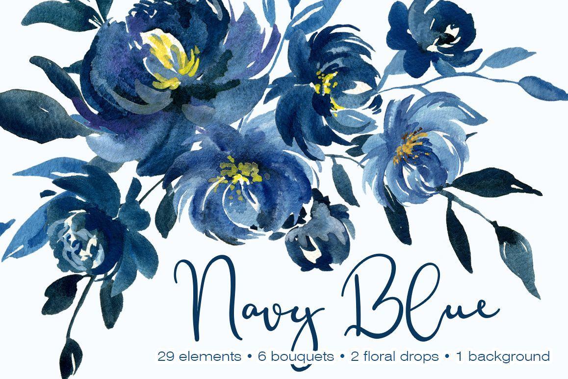 Navy Blue Flower Logo - Navy Blue Watercolor Peonies Flowers Collection