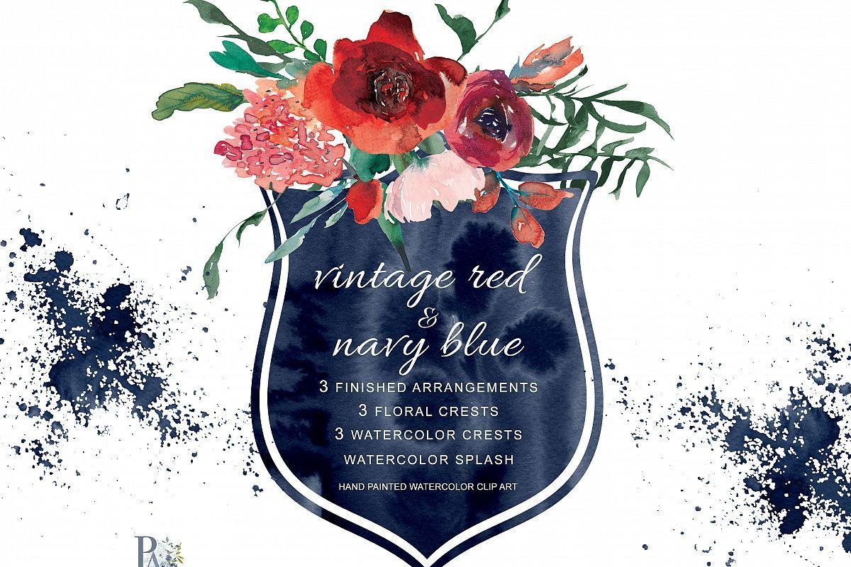 Navy Blue Flower Logo - Watercolor Vintage Red & Navy Blue Flowers Clipart