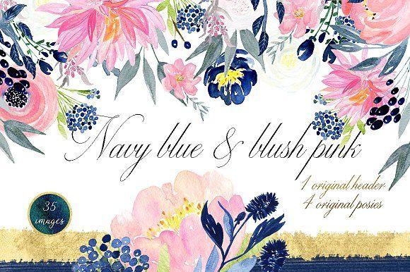 Navy Blue Flower Logo - Navy blue & blush pink flowers ~ Illustrations ~ Creative Market