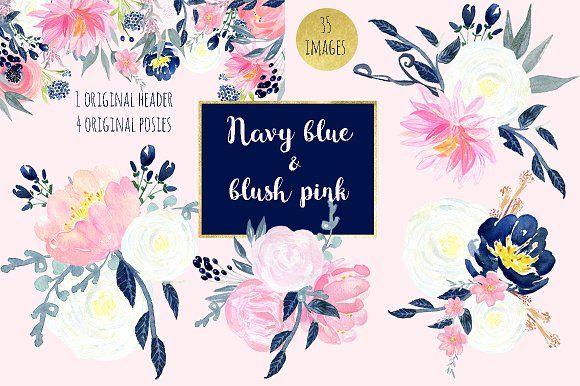 Navy Blue Flower Logo - Navy blue & blush pink flowers Illustrations Creative Market