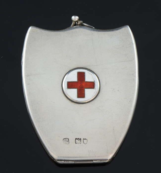Sewing Red Cross Logo - Victorian silver shield shaped sewing case enamell