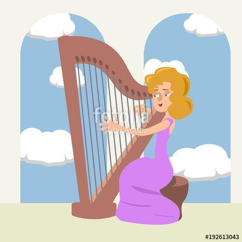 Woman Harp Logo - woman playing the harp at romantic hall vector cartoon