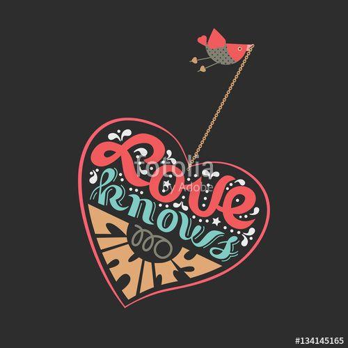 Fancy Red Letters Logo - Romantic love poster. Flying bird hanning red heart. Freehand fancy