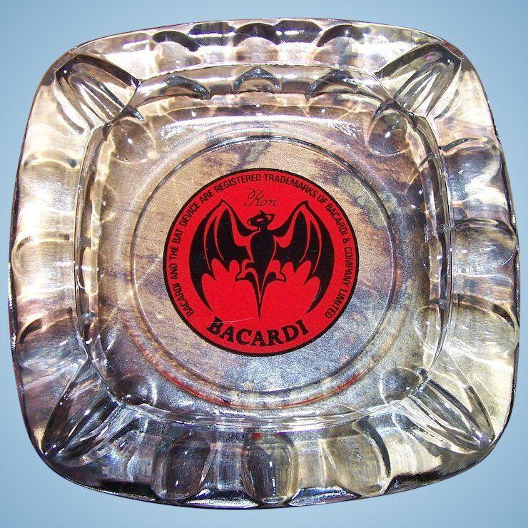 Bacardi Rum Bat Logo - Vintage Advertising Bat Logo Bacardi Rum Glass Ashtray with 4