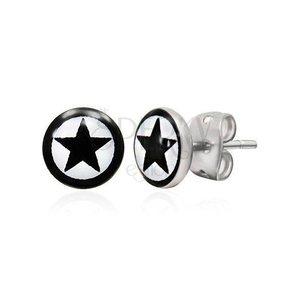 Black Star in Circle Logo - Round steel earrings, black star in circle