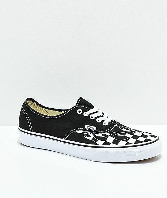 Checkered Vans Logo - Vans Authentic Checkerboard Flame Black & White Skate Shoes