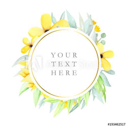 Yellow Floral Logo - Round floral frame with watercolor flowers and leaves, yellow ...