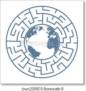 World Puzzle Logo - Art Print of Planet Earth in Radial Maze World Puzzle. Barewalls
