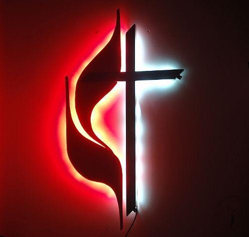 Red and White Flame Logo - United Methodist Cross & Flame Logo Sign with white & red LED