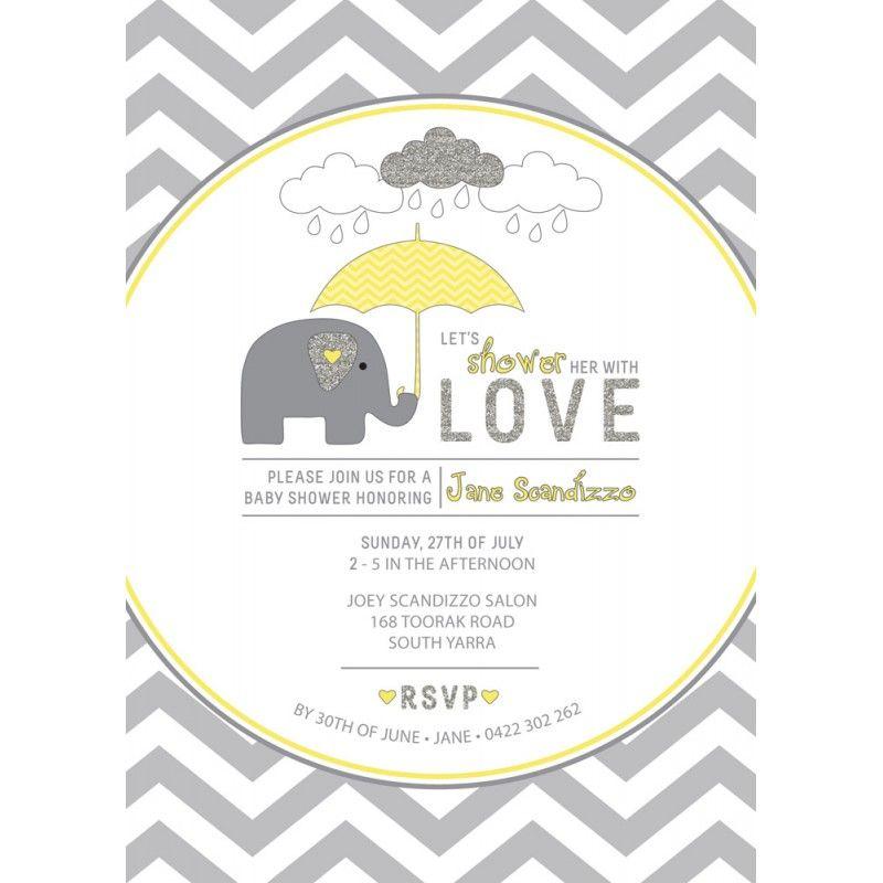 Grey Elephant Logo - Yellow and Grey Elephant Baby Shower Printable Invitation