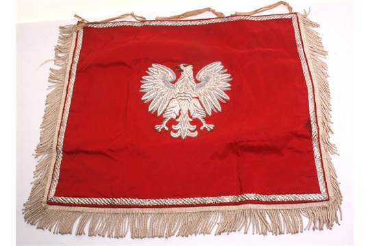 Silver Bird Red Banner Logo - Post WW2 Polish Army Trumpet Banner, red banner with heavy silver