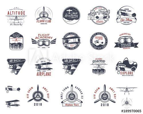 Aircraft School Logo - Vintage hand drawn old fly stamps. Travel or business airplane tour