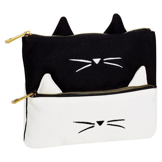 White Cat Case Logo - The Emily & Meritt Black/White Cat Shape Double Pencil Pouch | PBteen