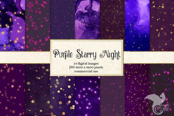 Purple and Gold Star Logo - Purple Starry Night Background Gold Stars Digital Paper