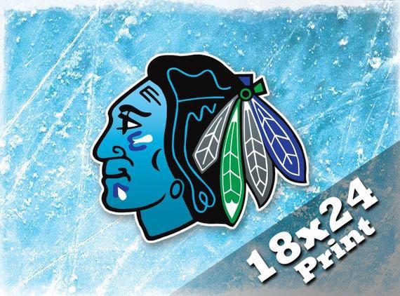 Blue Hawk Hockey Logo - Chicago Blackhawks hockey wall art remix icey sports bedroom | Etsy