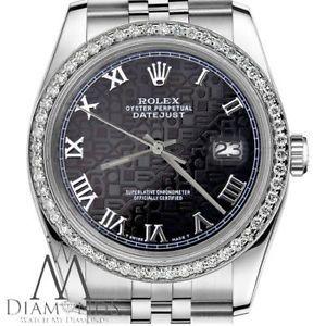 Black Rolex Logo - Black Rolex Logo 36mm Datejust Roman Numeral Diamond Bezel SS ...