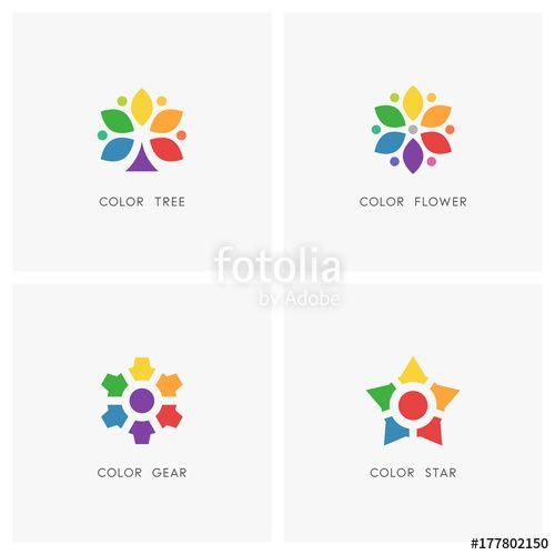 Color Wheel Flower Logo - Color logo set. Colored tree and flower, gear wheel and star symbol