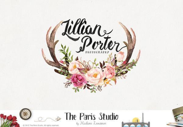 Antler Logo - Floral Watercolor Antler Logo Design by The Paris Studio, Madame