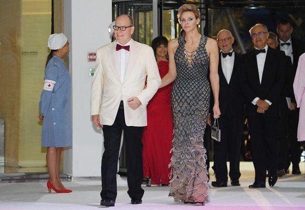 White with Red Cross Ball Logo - Prince Albert and Princess Charlene attend the 70th Monaco Red Cross