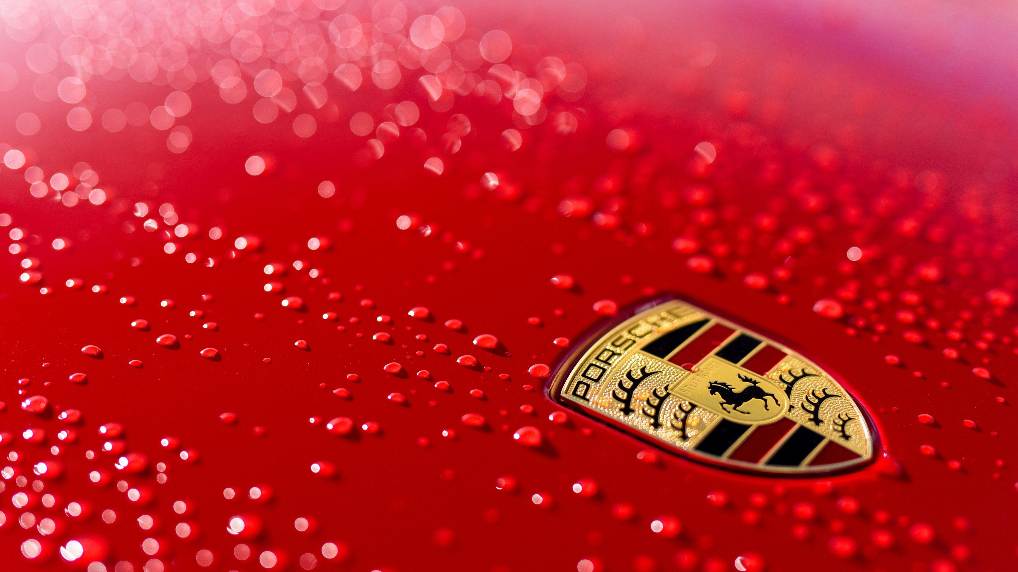 If I with Red Logo - 4K Porsche Red Logo Water Drops Wallpaper and Free Stock