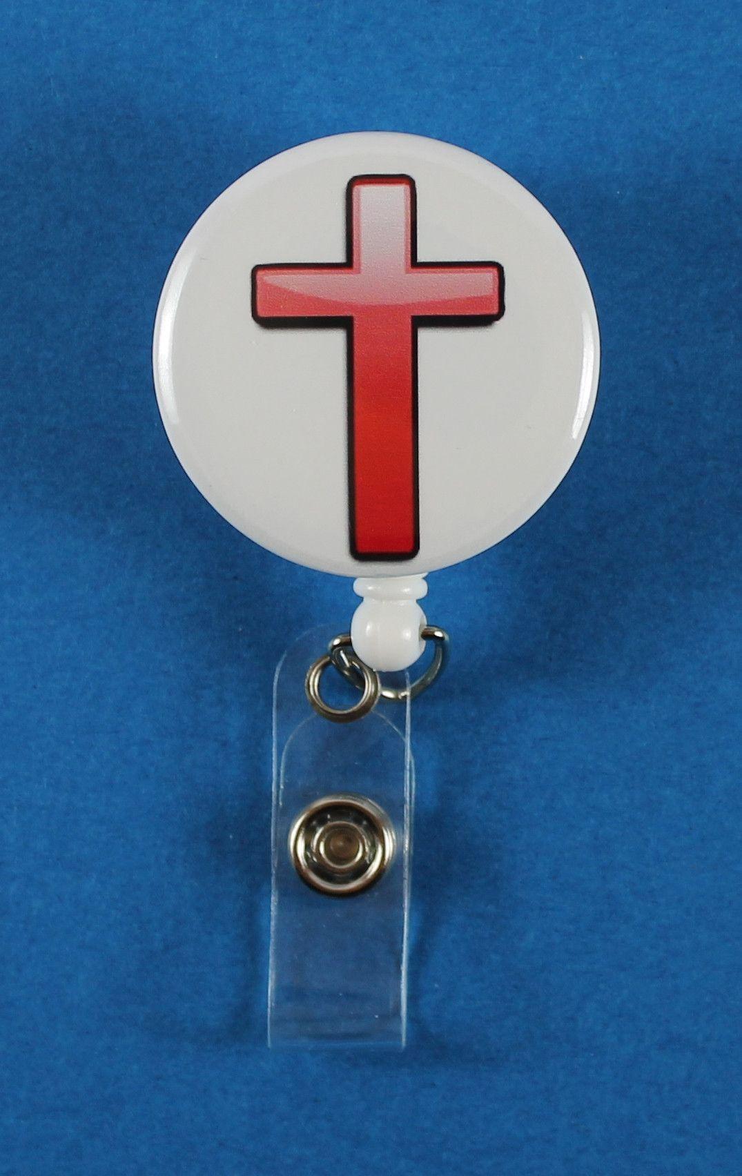Red Cross Button Logo - Red Cross Button Retractable Badge Reel, ID Badge Holder. Religion