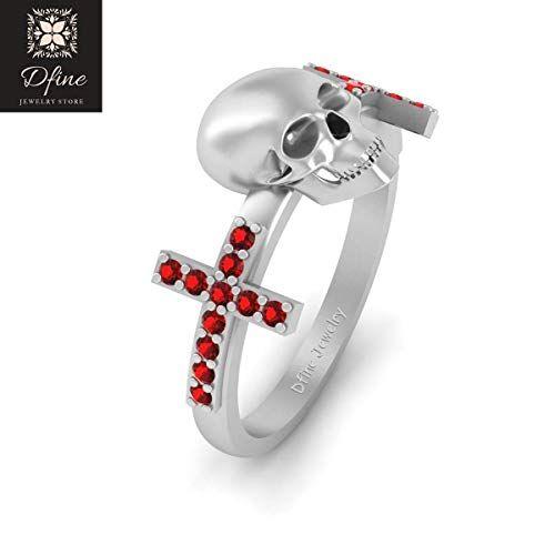 White Cross in Red Diamond Logo - Death's Head Gothic Skull Wedding Ring Womens Solid 14k