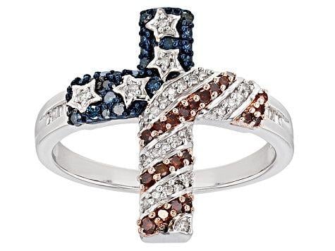 White Cross in Red Diamond Logo - White, Blue And Red Diamond Rhodium Over Sterling Silver Ring .33ctw