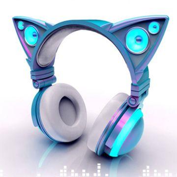 Blue Cat with Headphones Logo - Cat ear-shaped headphones glow in bright LED lights
