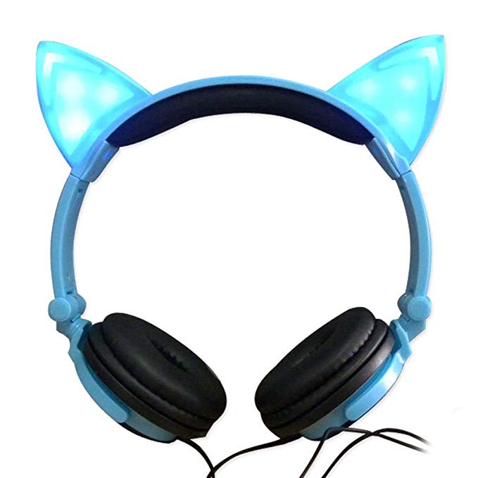 Blue Cat with Headphones Logo - Jinserta Cat Ear Headphones with Glowing Lights Blue