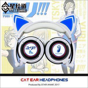 Blue Cat with Headphones Logo - Yuri on Ice Wired Headphone LED Blue Cat Ears Wired Headset Sport ...