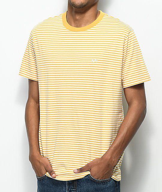 White Stripes with Yellow Logo - Obey Apex Yellow & White Striped T-Shirt | Zumiez