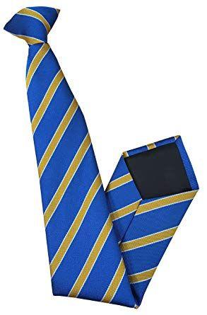 White Stripes with Yellow Logo - Men's Striped Clip On Tie Sky Blue with Yellow & White Stripe