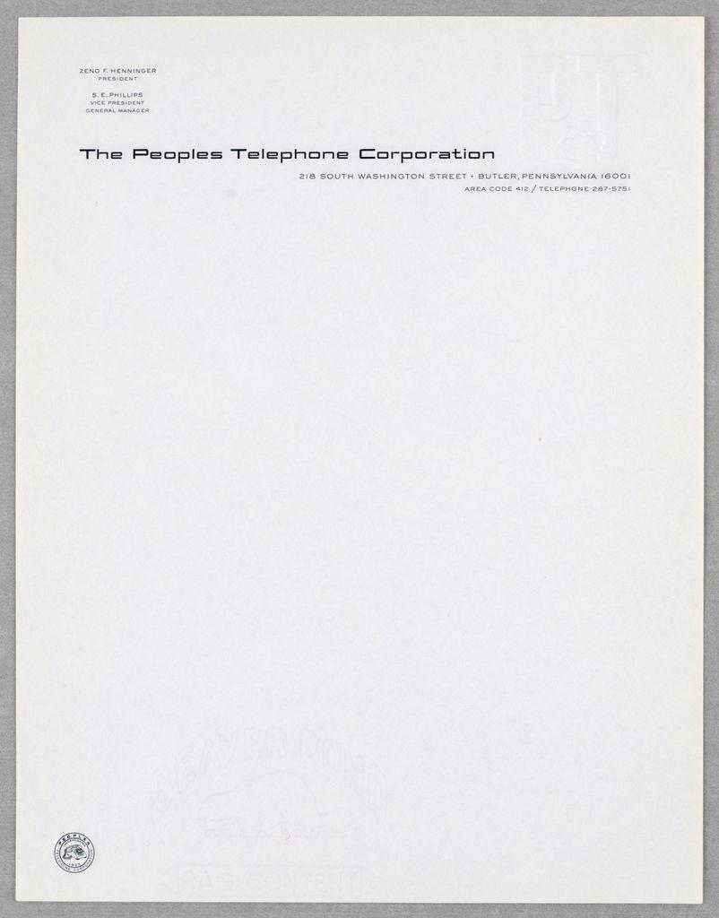 Peoples Telephone Logo - Letterhead, The Peoples Telephone Corporation, Butler, Pennsylvania ...