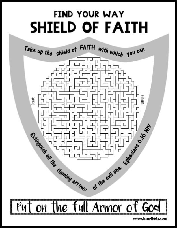 Maze Color Shield Logo - Shield of Faith, Armor of God Maze. Free Bible worksheet for kids ...