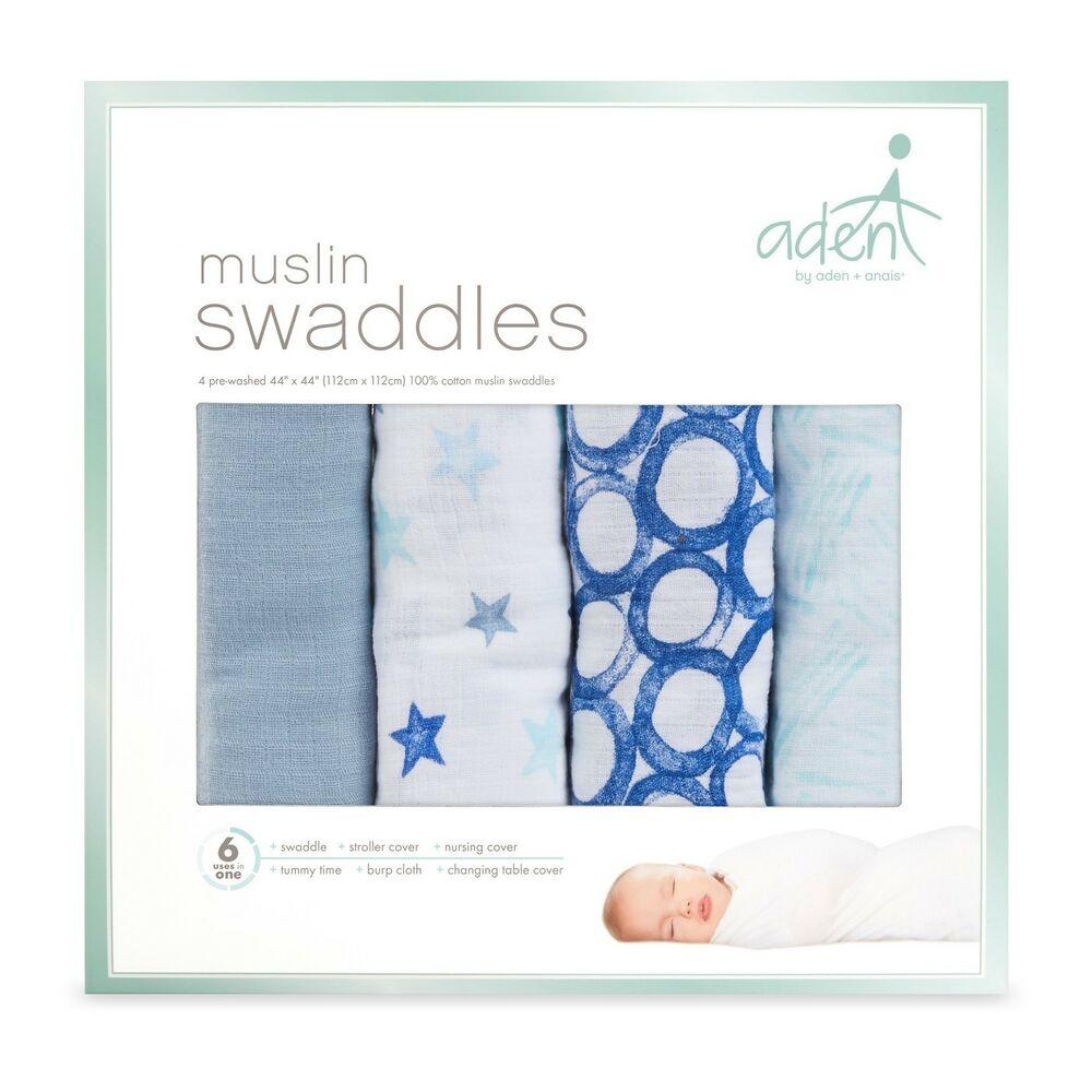 4 Blue Circles Logo - Aden + Anais Muslin Swaddle Blankets Blue Circles & Stars 4 PACK