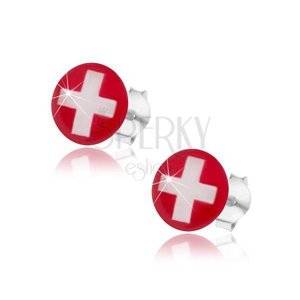 White Swiss Cross Red Background Logo - 925 silver earrings, Swiss flag - red background, white cross ...