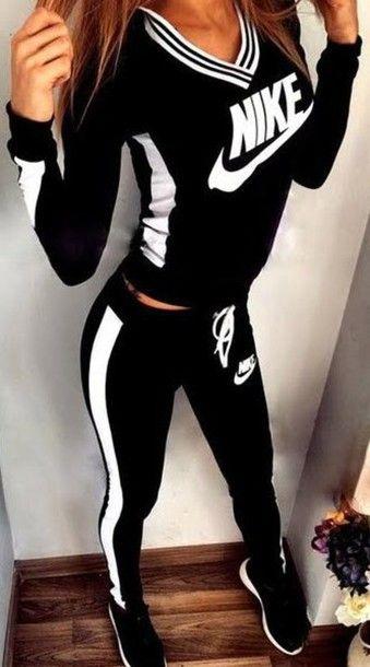Sexy Nike Logo - jumpsuit, black, black and white, nike letters, stripes, women sport