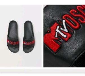 Red and Black H Logo - Moschino TV H&M Slides With Logo Mens Black Red 11.5 12
