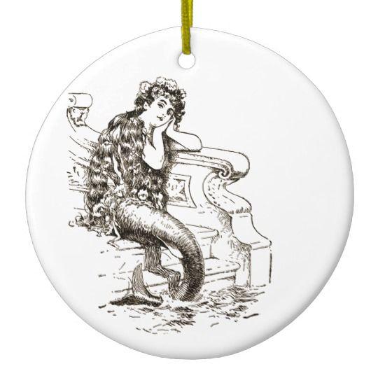 Black and Wight Mermaid Logo - Vintage Black White Mermaid Drawing Christmas Ornament | Zazzle.co.uk