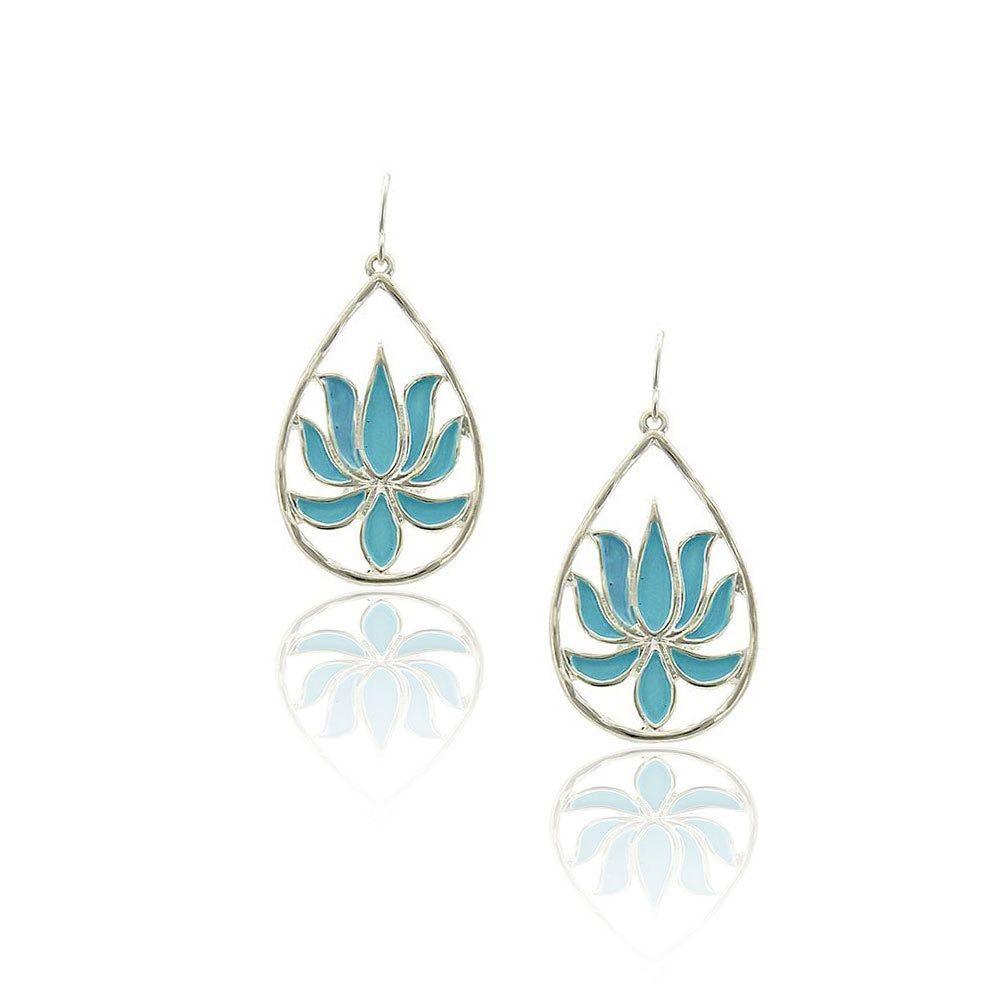 Lotus Teardrop Logo - Silver Lotus Teardrop Earrings with Turquoise Enamel - Joji Boutique