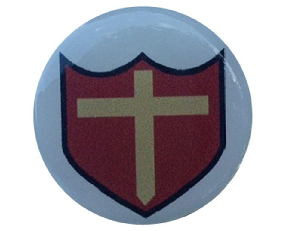 Gold Black and Red Shield Logo - bat hanger Brother Martin gold cross on red shield