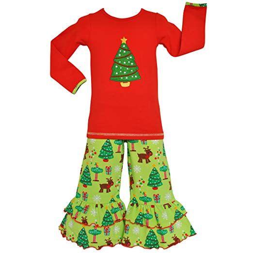Reds and Green Tree Logo - AnnLoren Girls Christmas Tree Tunic and Pants Outfit