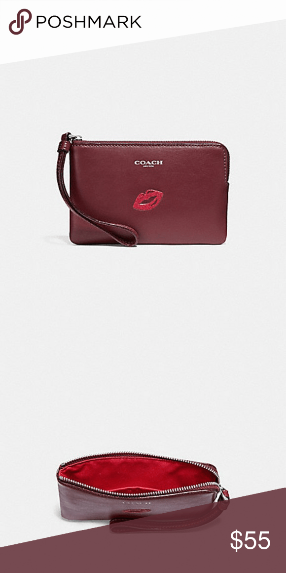 Two Red X's Attached Logo - Coach Red Lips Corner Zip Wristlet Smooth leather Two credit card