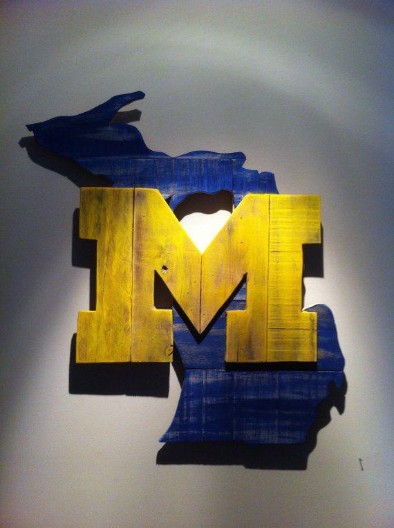 Blue and Yellow M Logo - Wooden State of Michigan with University of Michigan logo. Nifty