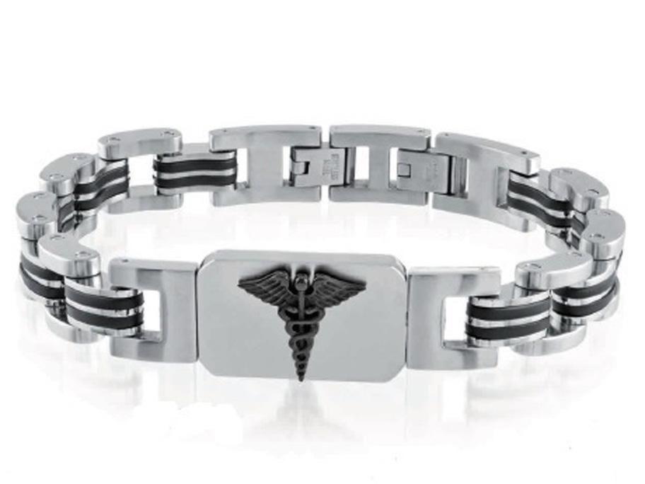Medical Bracelet Logo - Swivel black logo striped link medical bracelet in stainess steel