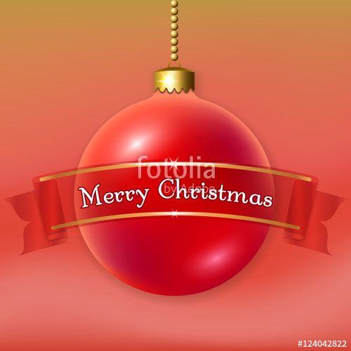 Ribbon Red Blue Orange Sphere Logo - Merry Christmas 3D bauble, decoration with text, ribbon. Red