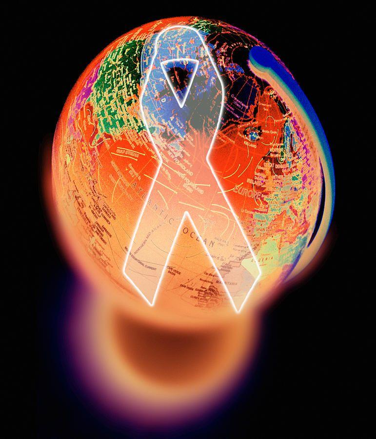 Ribbon Red Blue Orange Sphere Logo - Red Ribbon And A Globe Symbolising Aids Awareness Photograph by ...